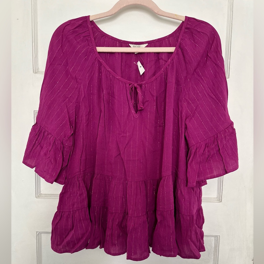 C Est. 1946 Woman’s Purple Flared Mid Sleeve Blouse With Gold Streaks